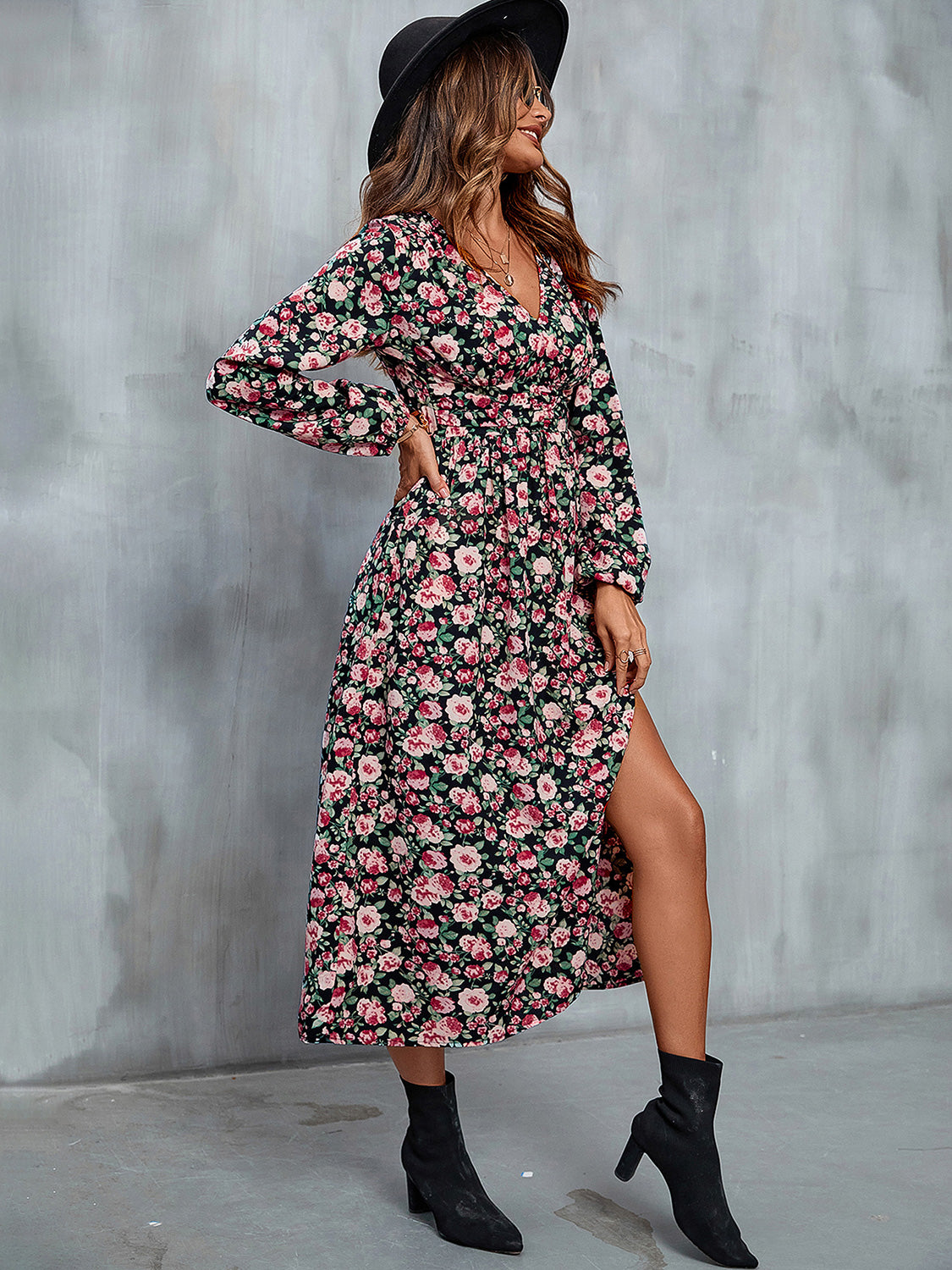 Perfee Floral V-Neck Slit Midi Dress