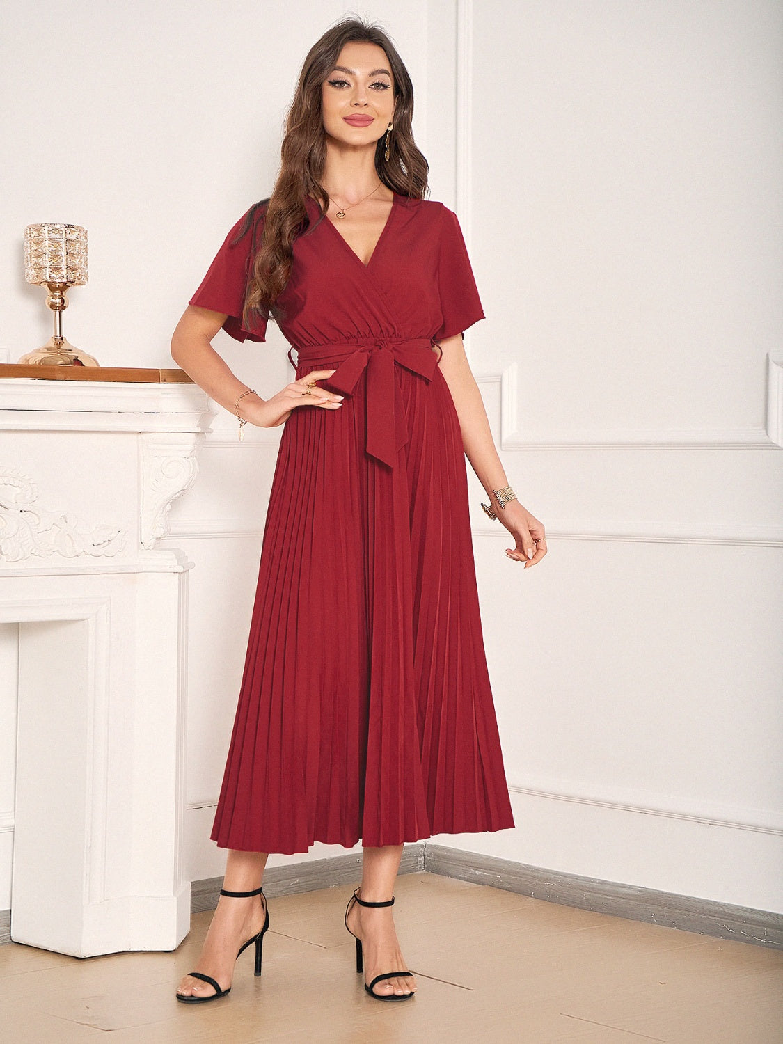 Pleated Surplice Tie Waist Dress