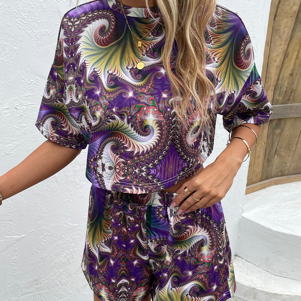 Shiny Printed Round Neck Dropped Shoulder Half Sleeve Top and Shorts Set