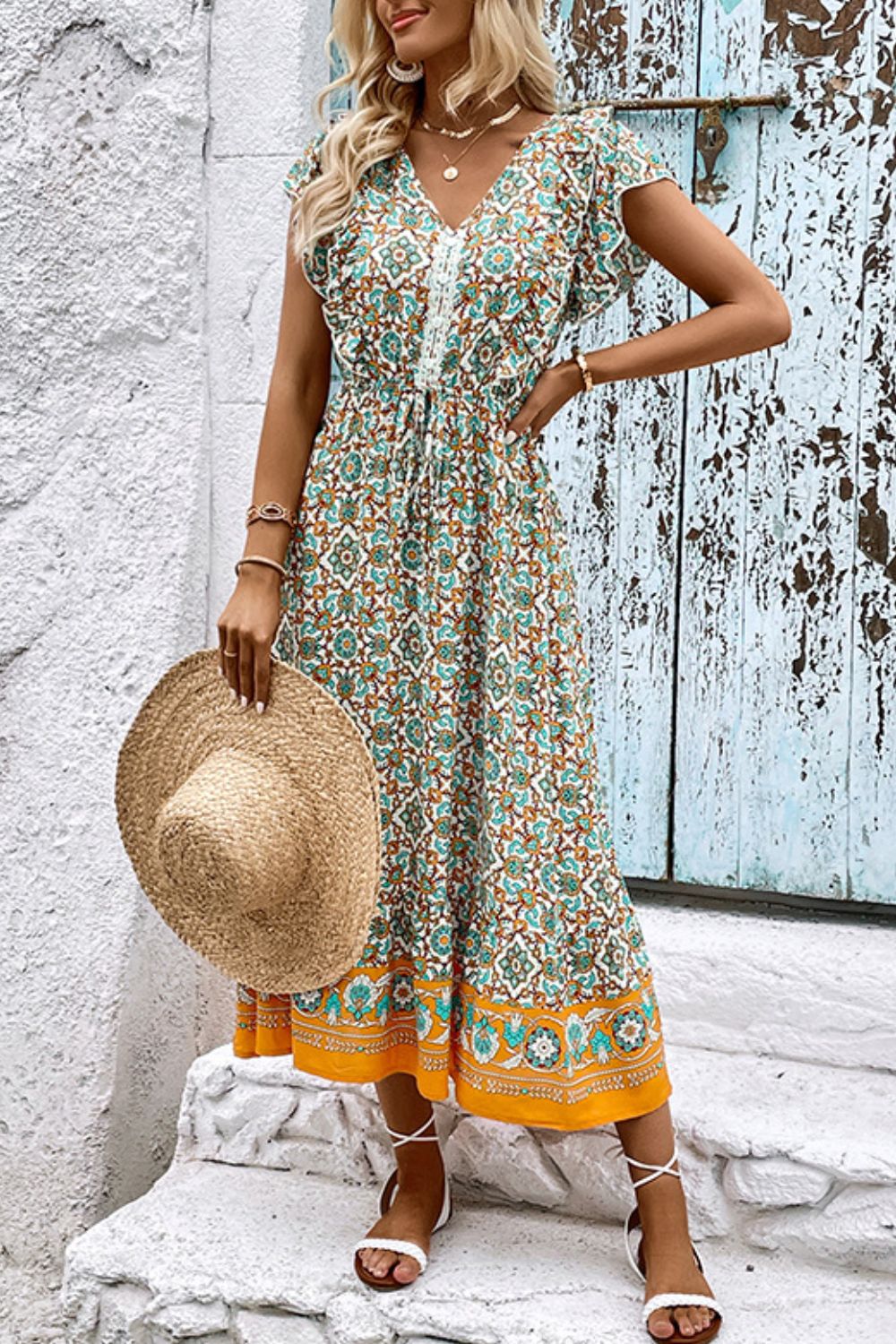 Perfee Bohemian V-Neck Flutter Sleeve Dress