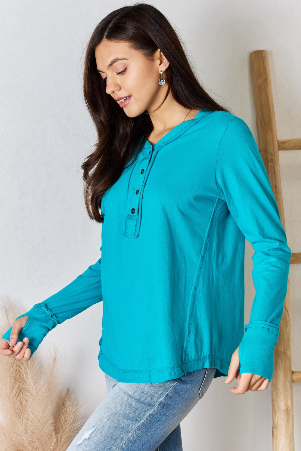 Zenana Exposed Seam Thumbhole Long Sleeve Top