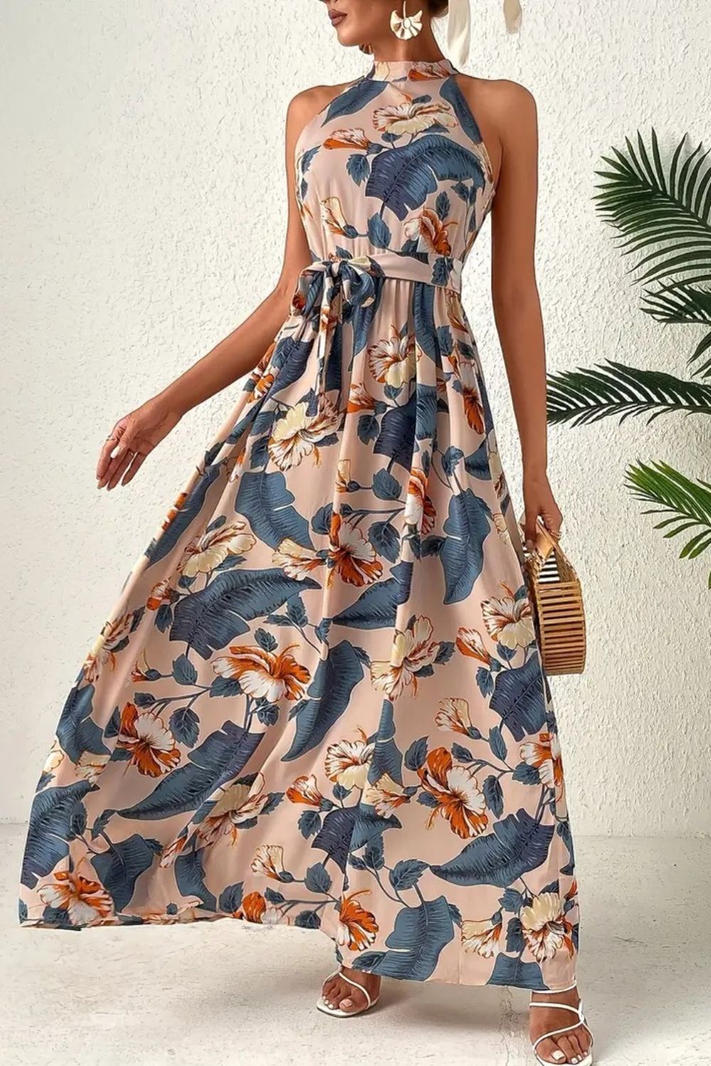 Vestido sin mangas con estampado floral anudado