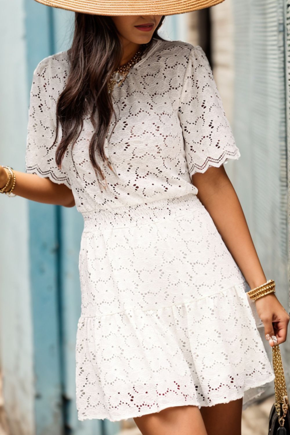 Openwork Round Neck Short Sleeve Dress