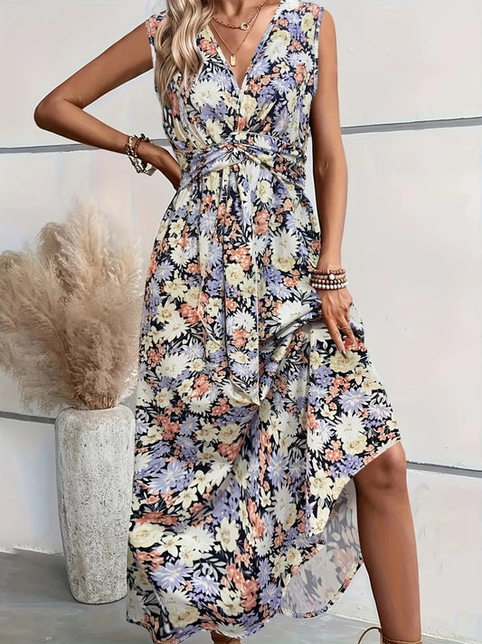 Vestido midi sin mangas con estampado floral