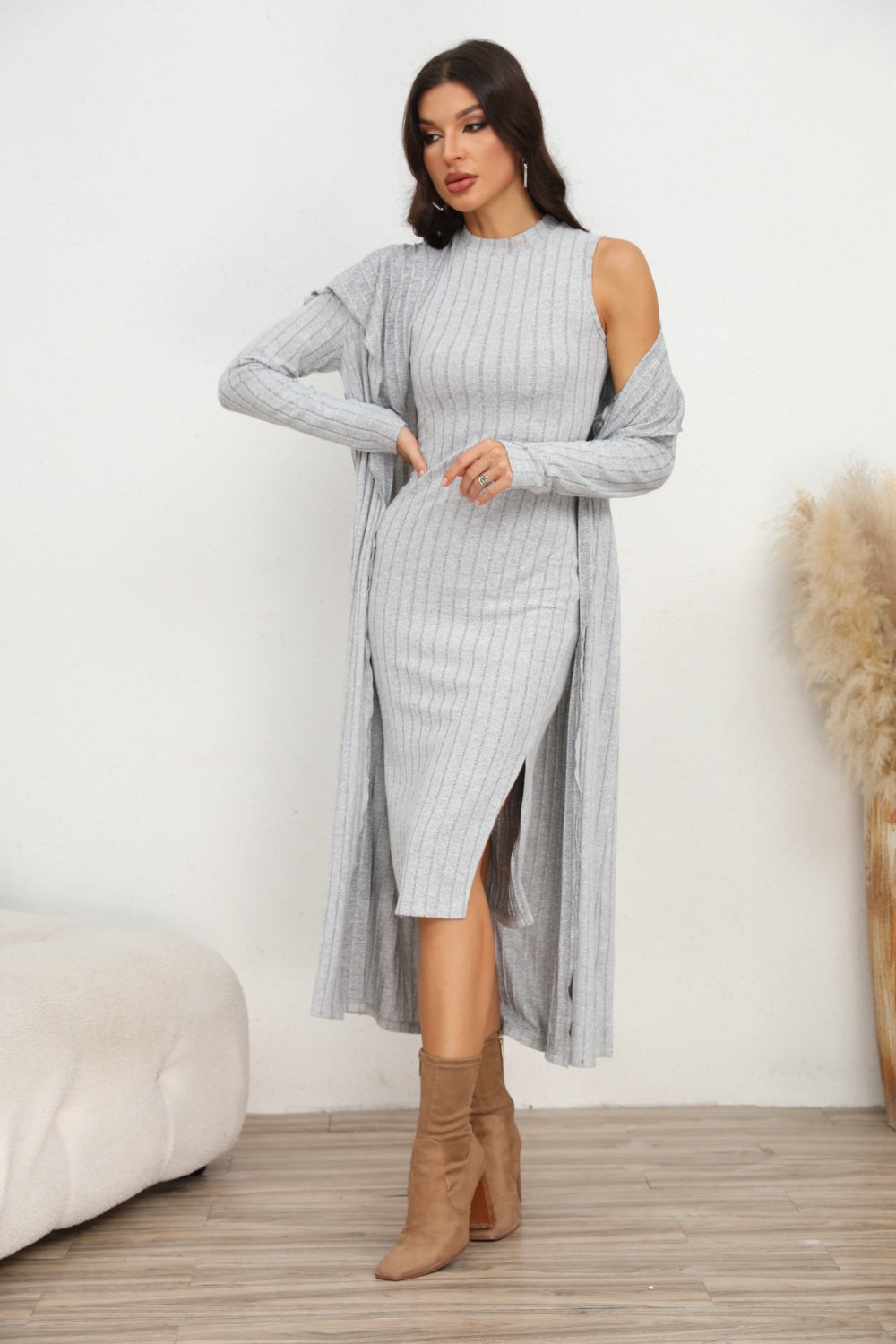 Slit Dress and Longline Cardigan Set