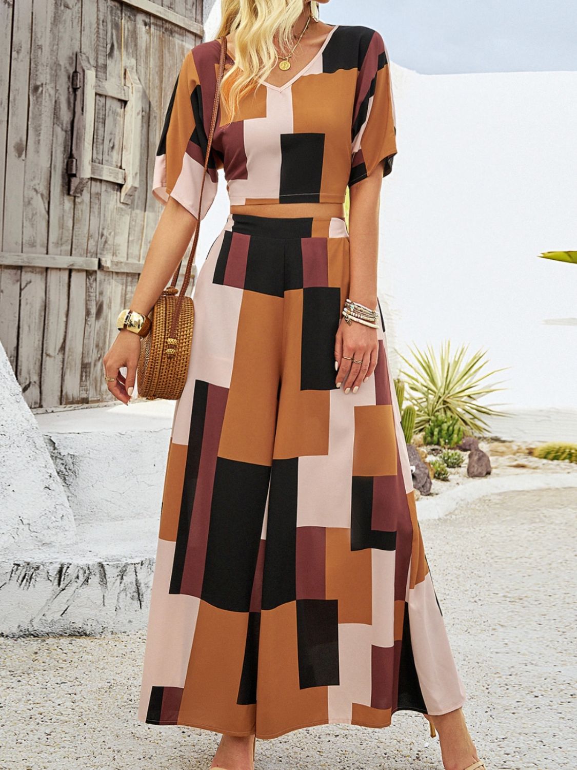 Devine Color Block V-Neck Top and Wide Leg Pants Set