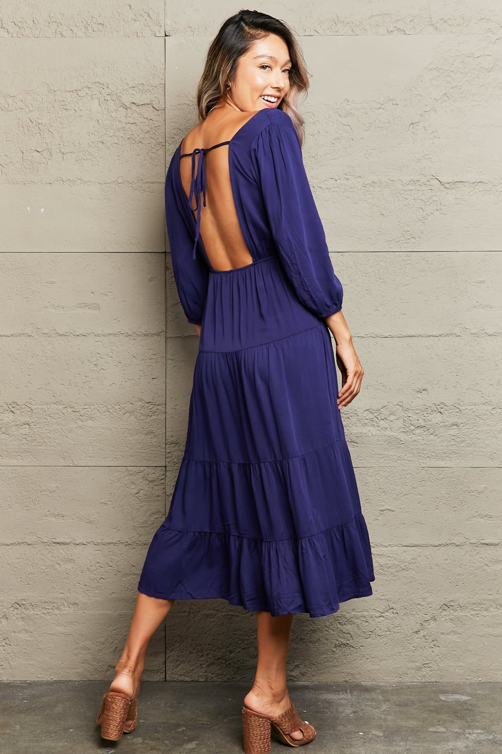 Perfee Tied Backless Tiered Midi Dress