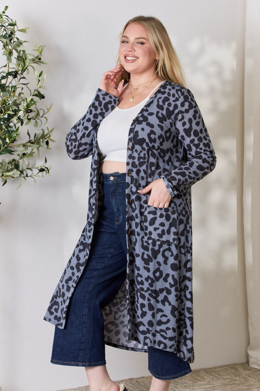 Celeste Full Size Button Up Animal Print Cardigan