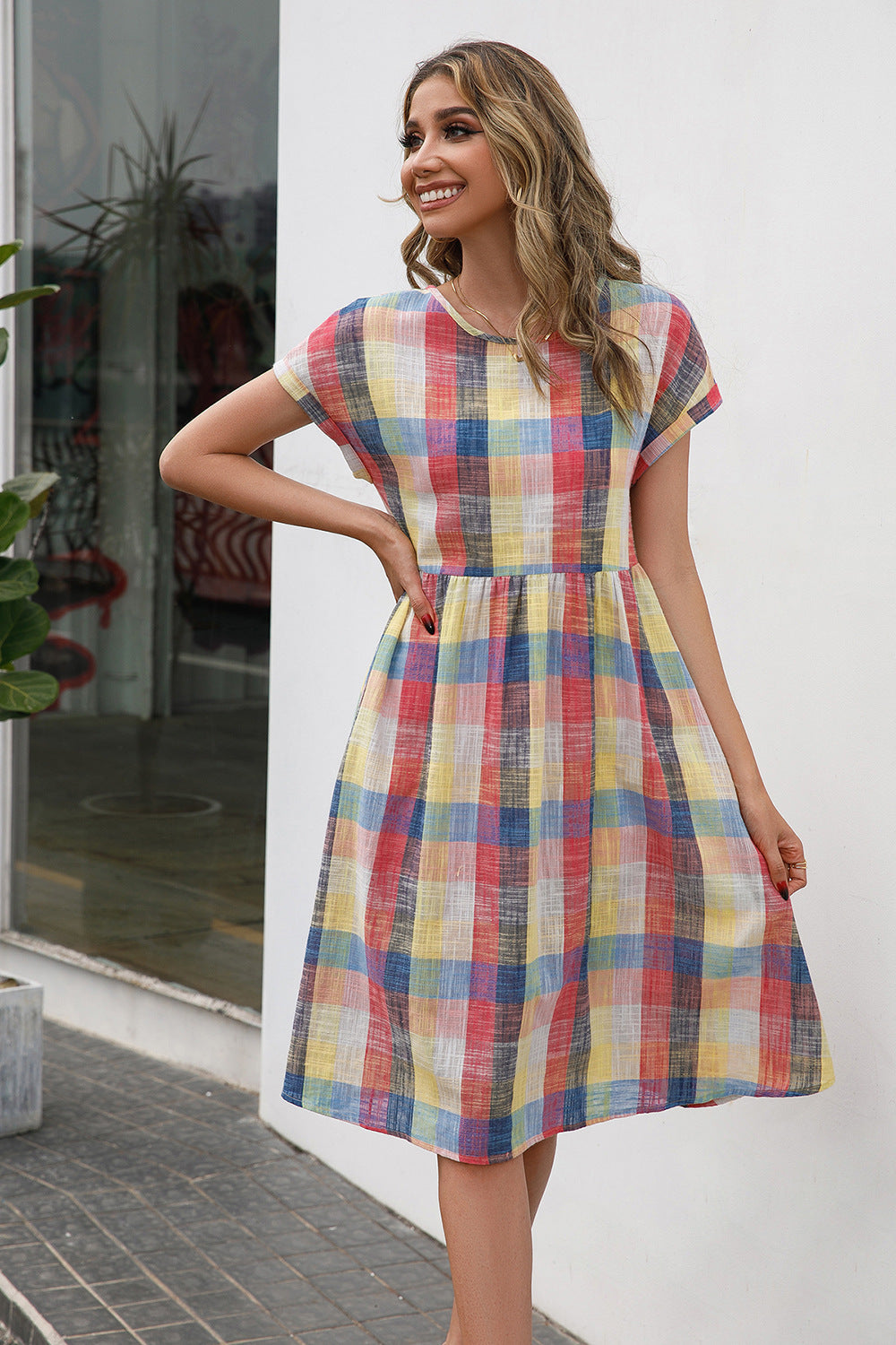 Ivy Lane Plaid Round Neck Cap Sleeve Dress