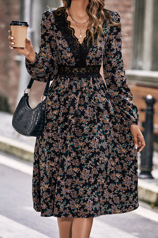 Perfee Floral Spliced Lace V-Neck Dress