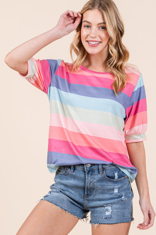 BOMBOM Striped Round Neck Half Sleeve T-Shirt