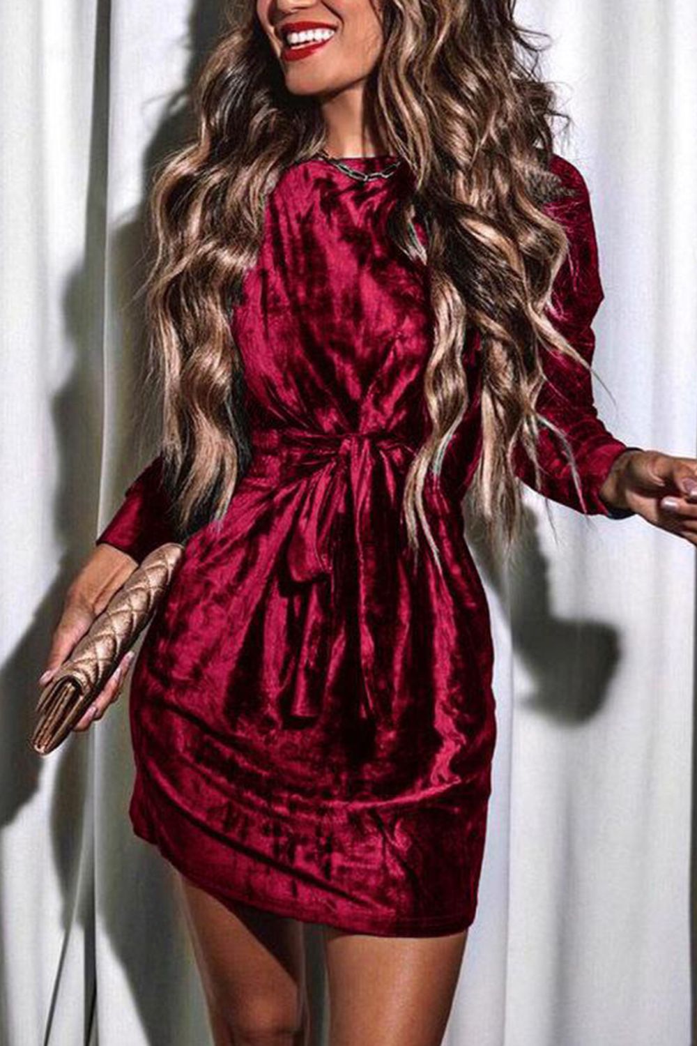 MeiMei Tied Round Neck Long Sleeve Dress