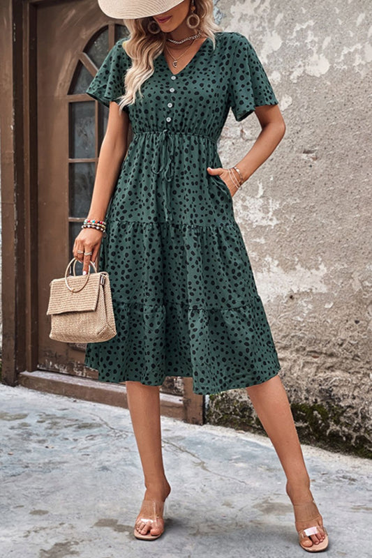 Perfee Printed Buttoned V-Neck Flutter Sleeve Dress