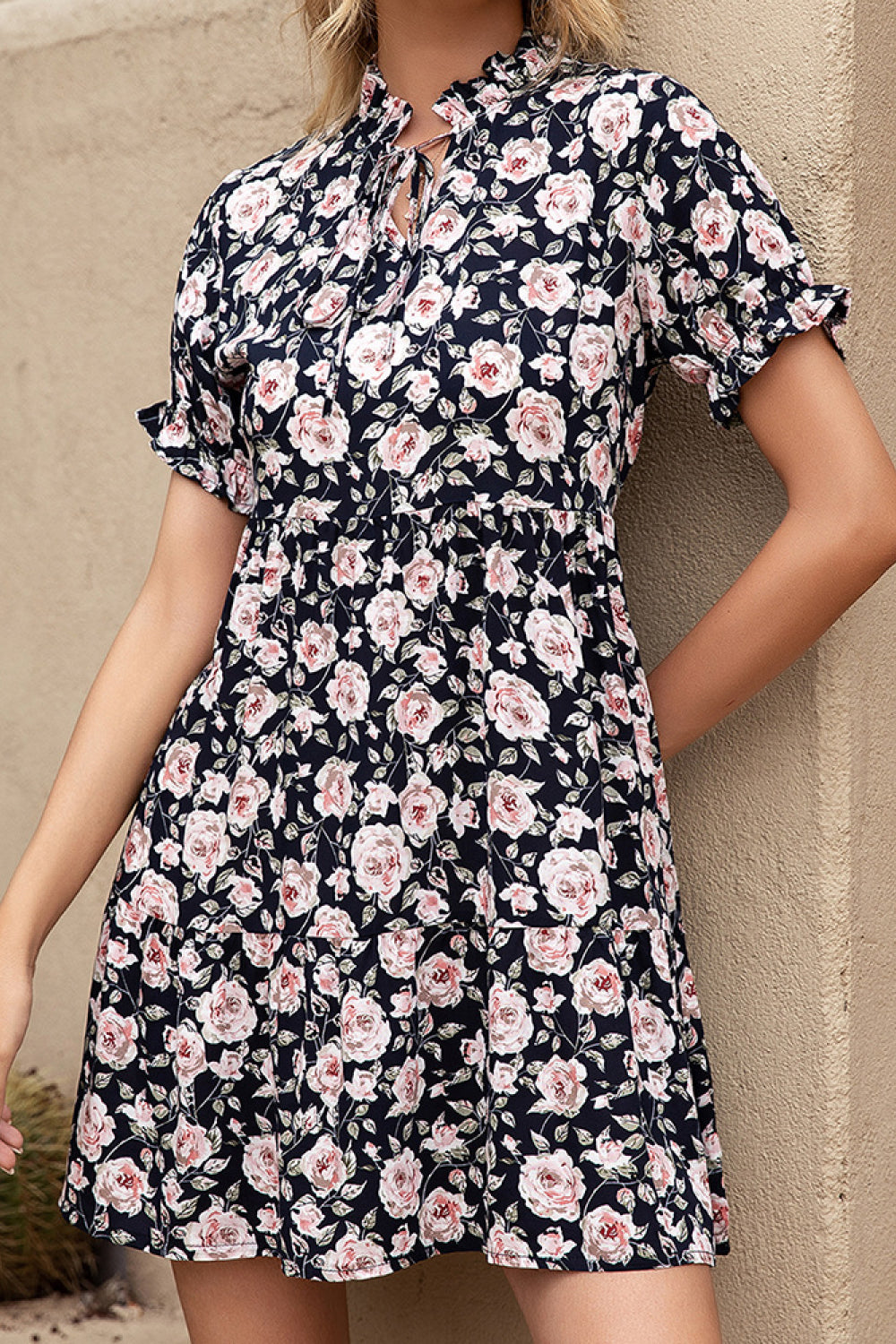 Ivy Lane Floral Ruffle Trim Tie-Neck Dress