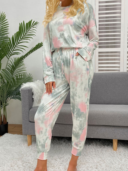 Conjunto de estar por casa con top de cuello redondo y pantalón con cordón y efecto tie-dye brillante