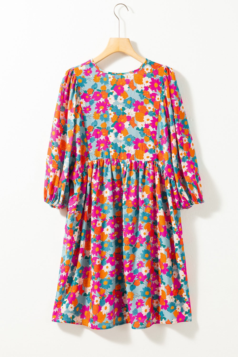 Vestido mini con mangas abullonadas y cuello con lazo floral