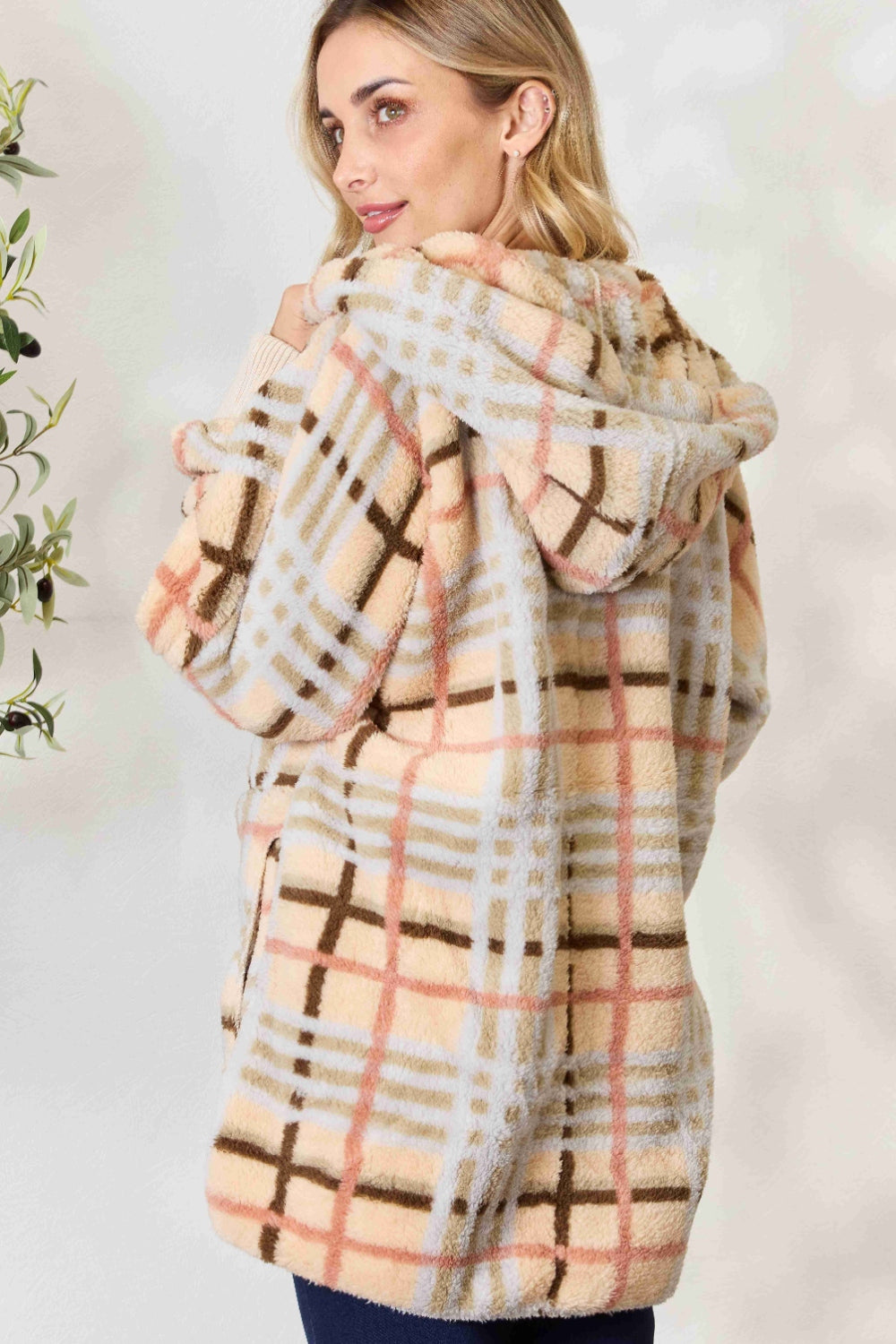 H&T Checked Faux Fur Hooded Jacket