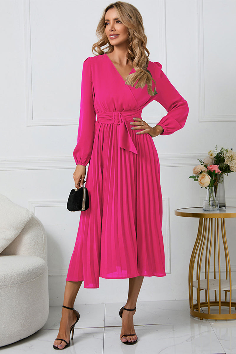 V-Neck Long Sleeve Tie Waist Midi Dress