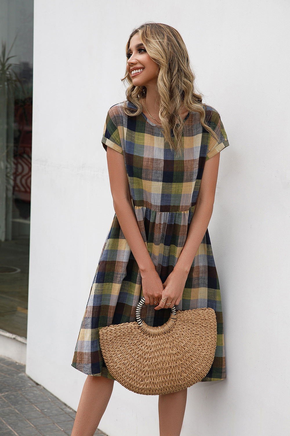 Ivy Lane Plaid Round Neck Cap Sleeve Dress