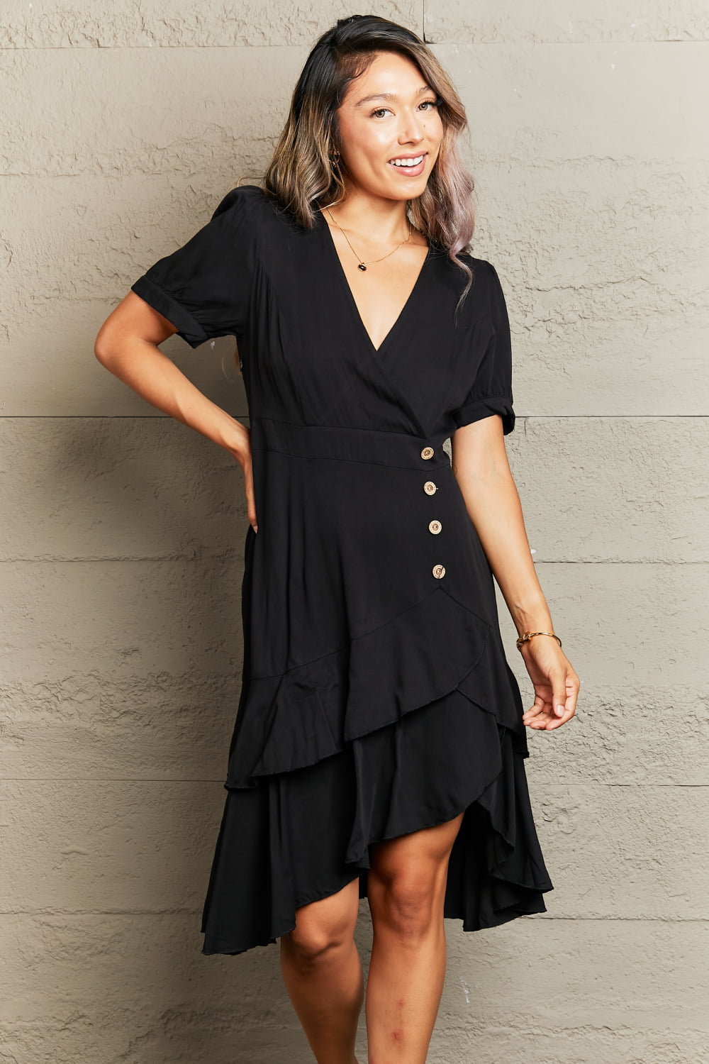 Perfee Decorative Button Surplice Ruffle Hem Dress