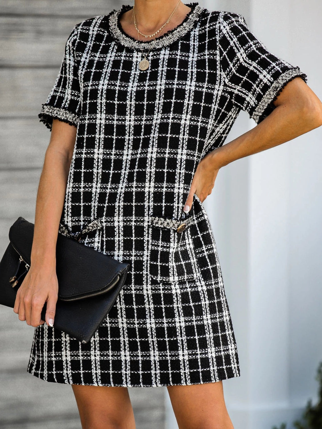 MeiMei Pocketed Plaid Round Neck Short Sleeve Dress