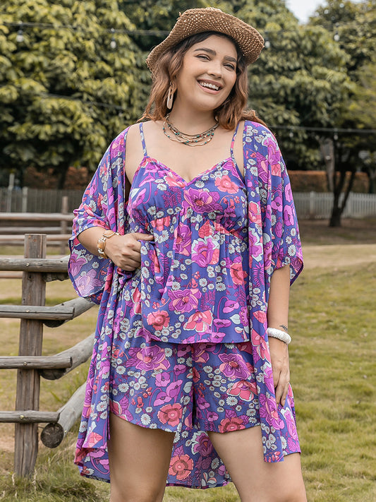 Plus Size Printed Cami, Open Front Cover Up and Shorts Set