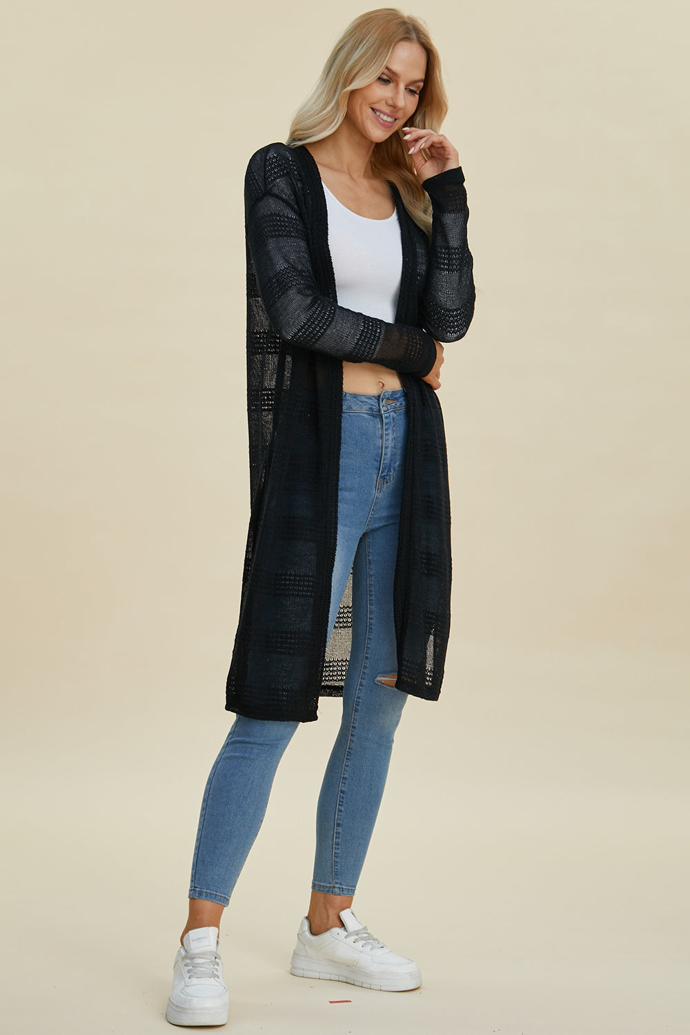 Double Take Full Size Open Front Longline Cardigan