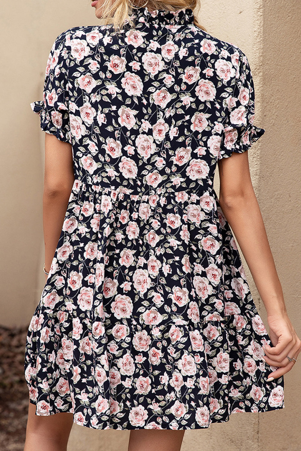 Ivy Lane Floral Ruffle Trim Tie-Neck Dress