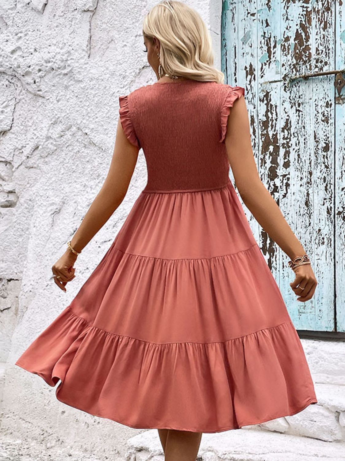 Perfee Smocked Round Neck Tiered Dress