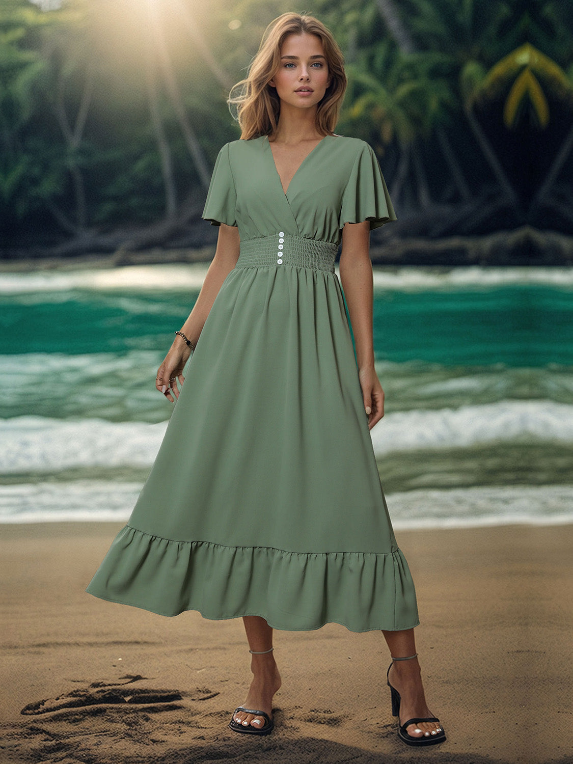 Perfee Surplice Flutter Sleeve Midi Dress