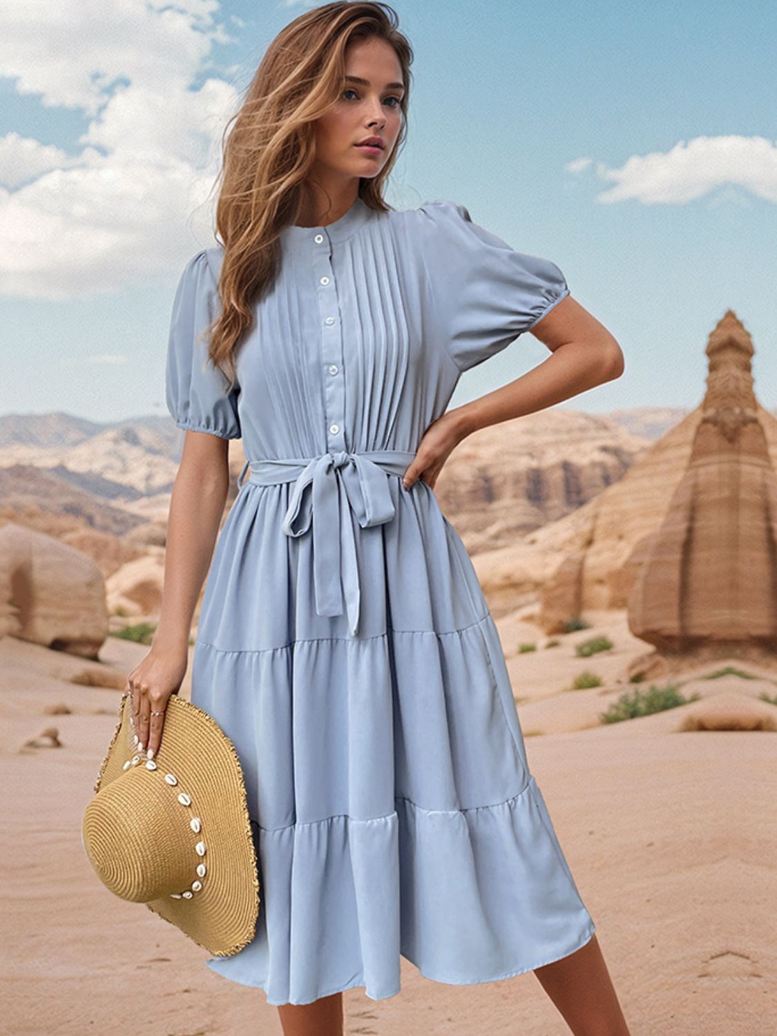 Perfee Tie Waist Puff Sleeve Midi Dress