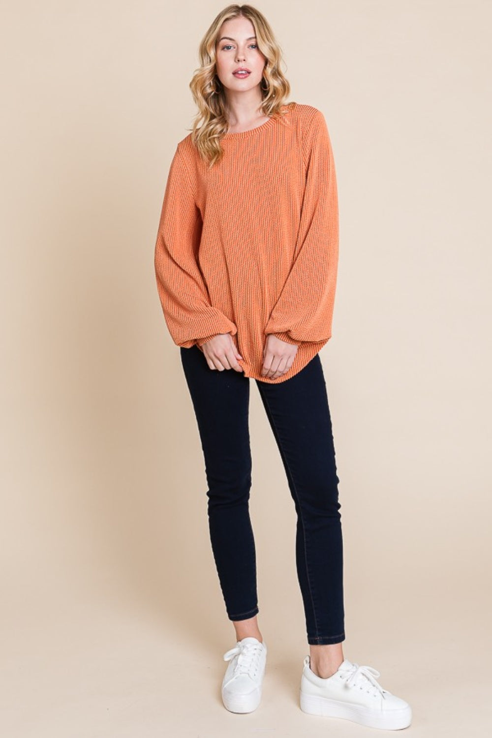 BOMBOM Long Sleeve Curved Hem Ribbed T-Shirt