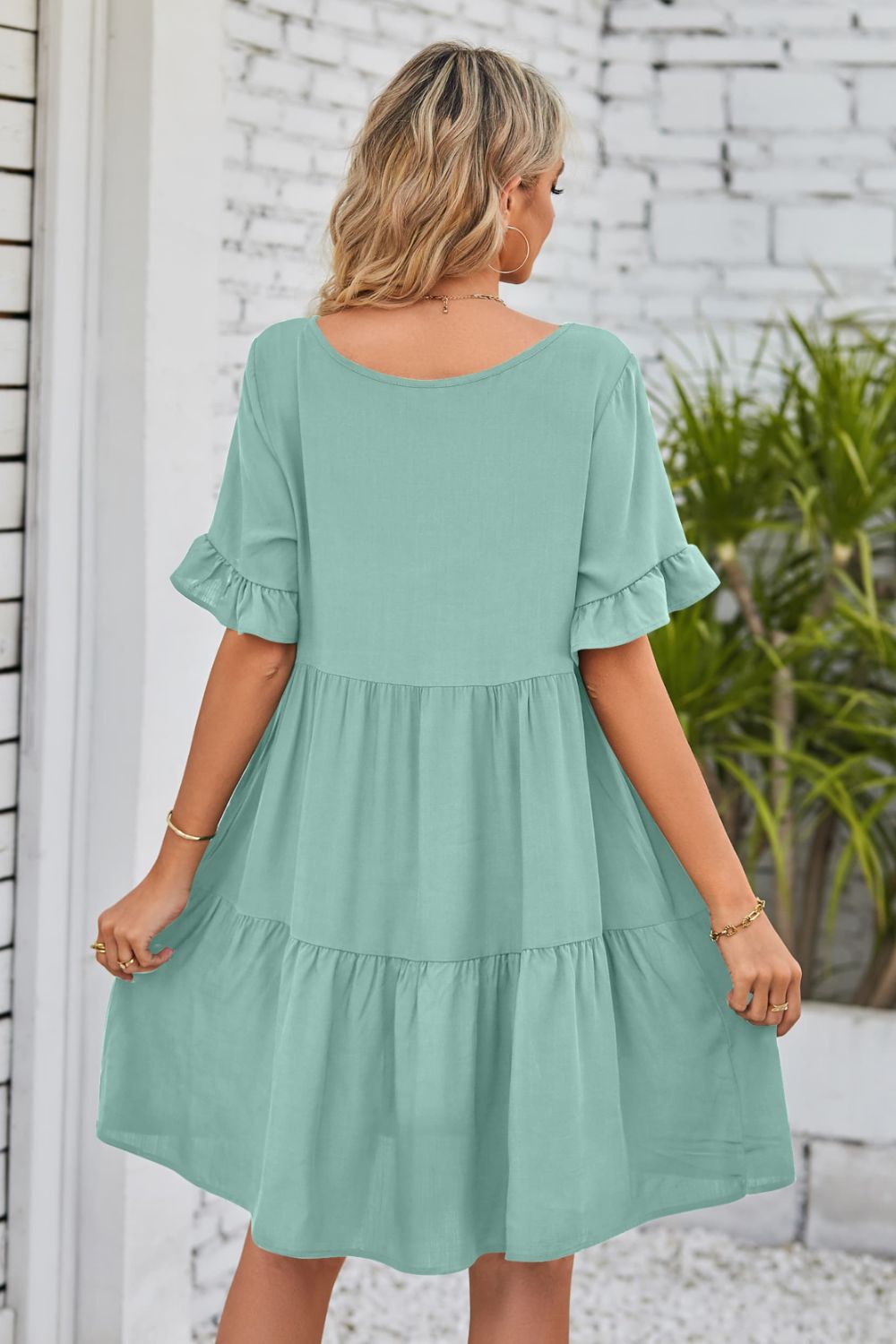 Mandy V-Neck Flounce Sleeve Tiered Dress