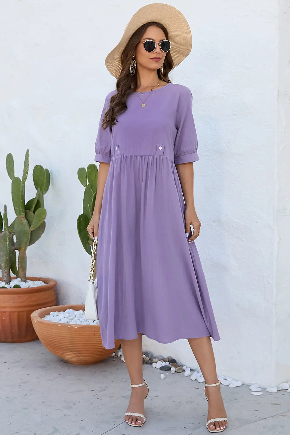 IZURIA Round Neck Half Sleeve Midi Dress