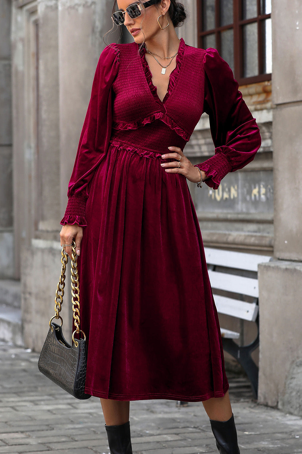 Vestido midi con mangas abullonadas y fruncido Perfee