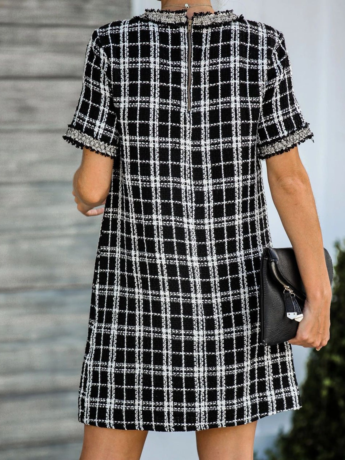 MeiMei Pocketed Plaid Round Neck Short Sleeve Dress