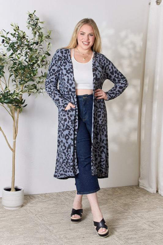 Celeste Full Size Button Up Animal Print Cardigan