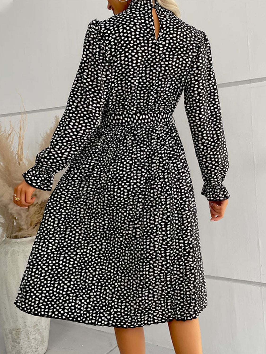 Perfee Printed Tie-Waist Flounce Sleeve Keyhole Midi Dress