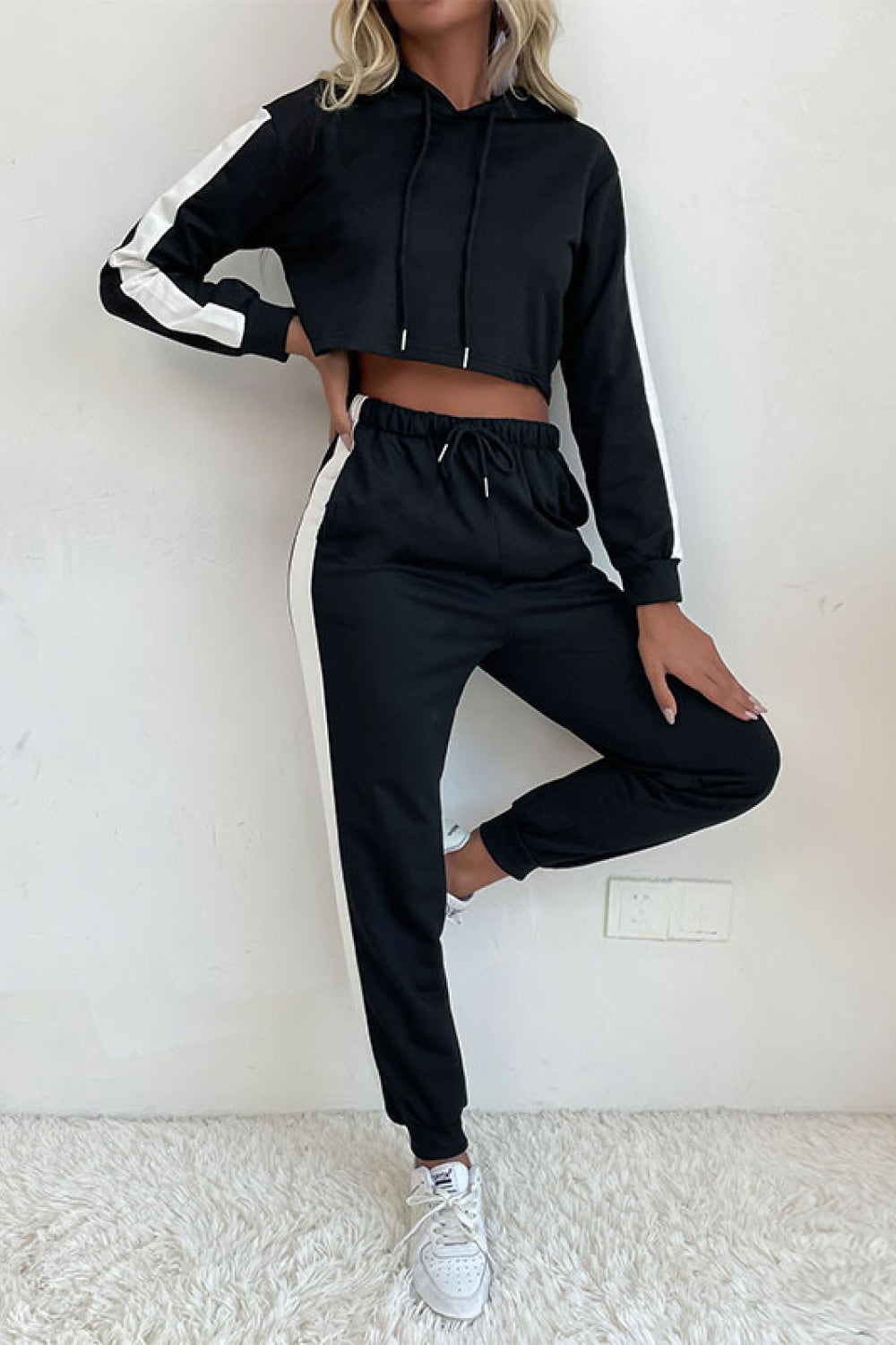 Perfee Side Stripe Cropped Hoodie and Jogger Set