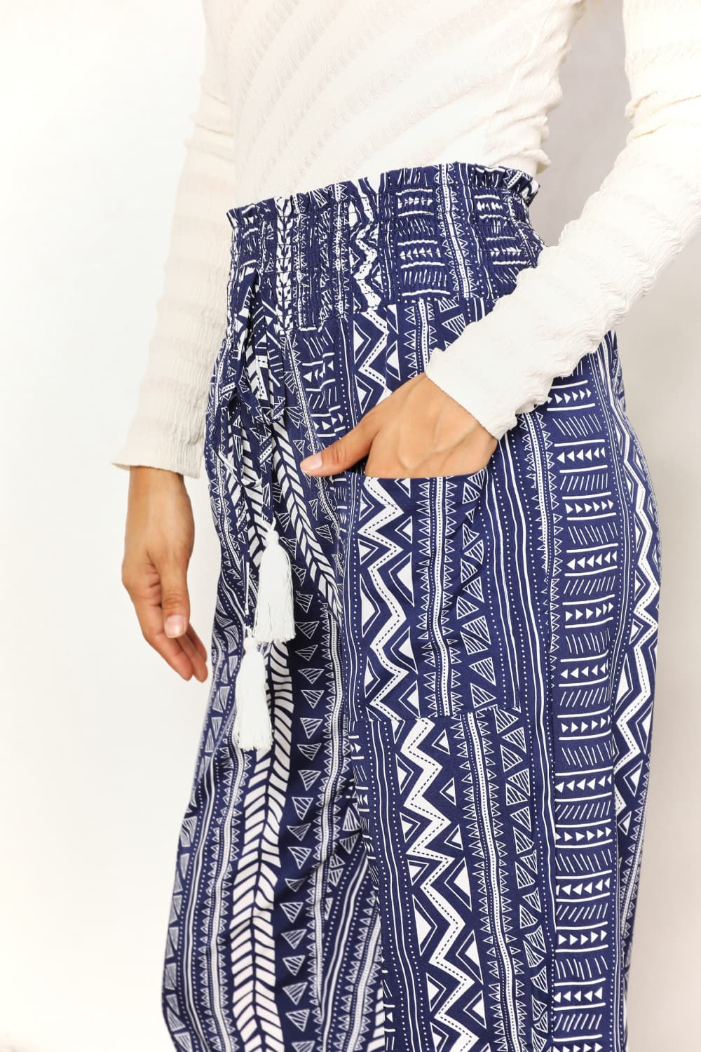 Perfee Geometric Print Tassel High-Rise Pants