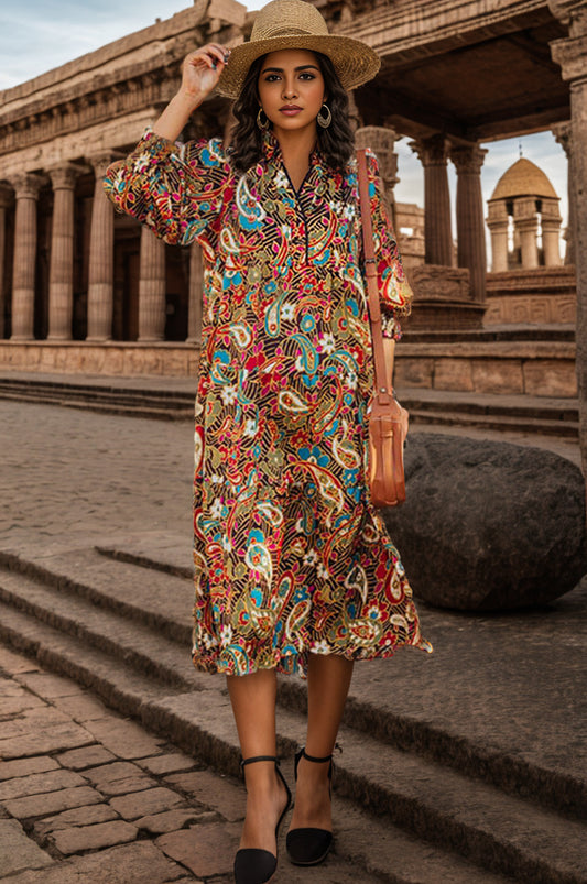 Vestido midi con mangas abullonadas y estampado cruzado