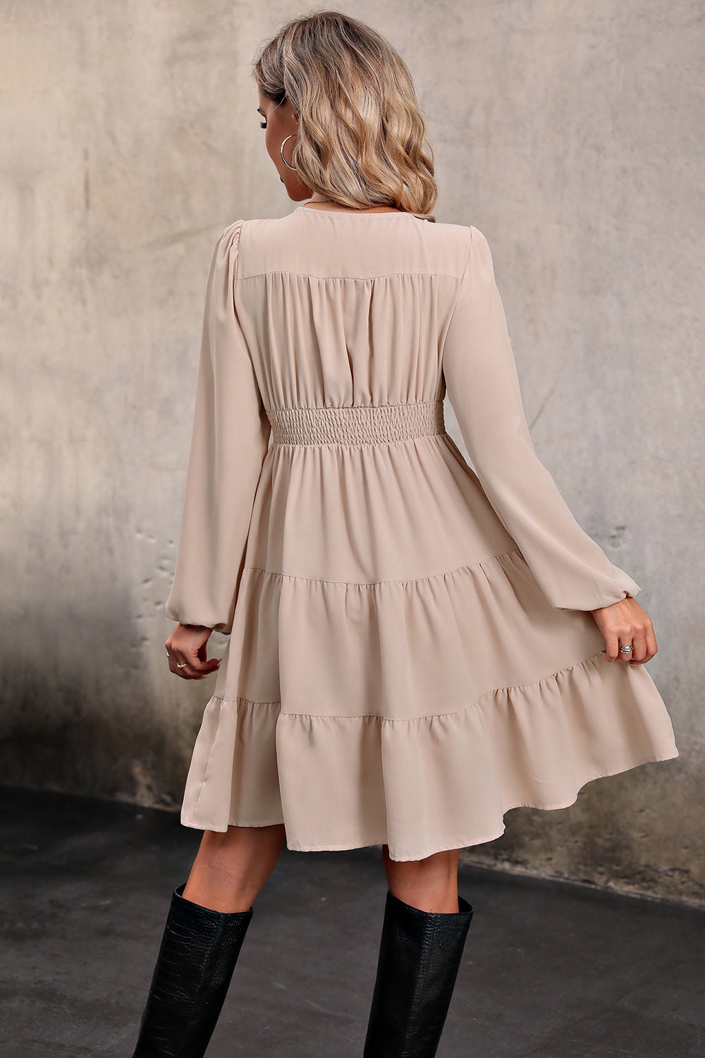 Perfee V Neck Button Up Tiered Dress