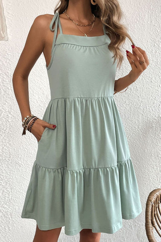 Perfee Tie-Shoulder Tiered Dress with Pockets