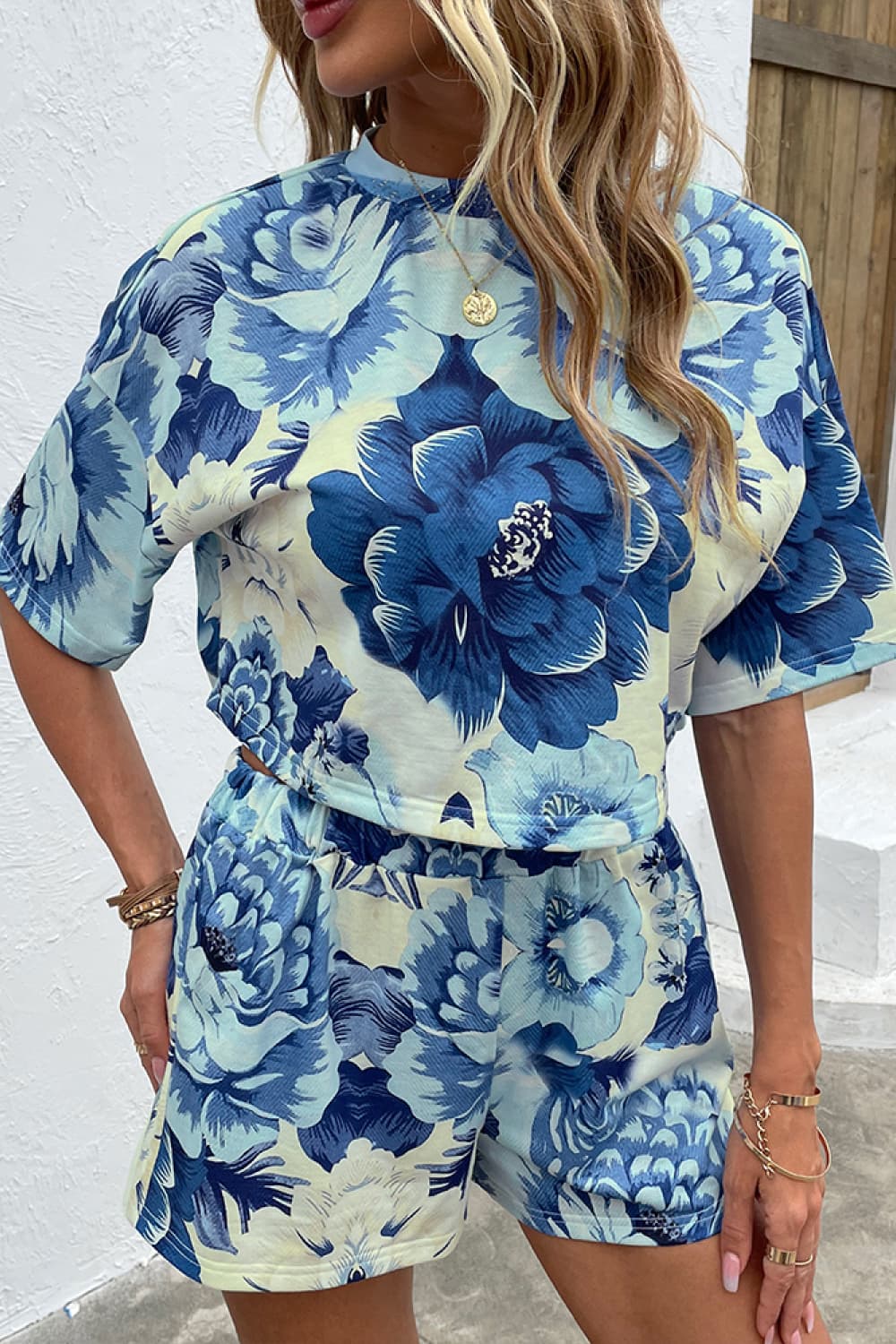 Shiny Printed Half Sleeve Top and Shorts Lounge Set