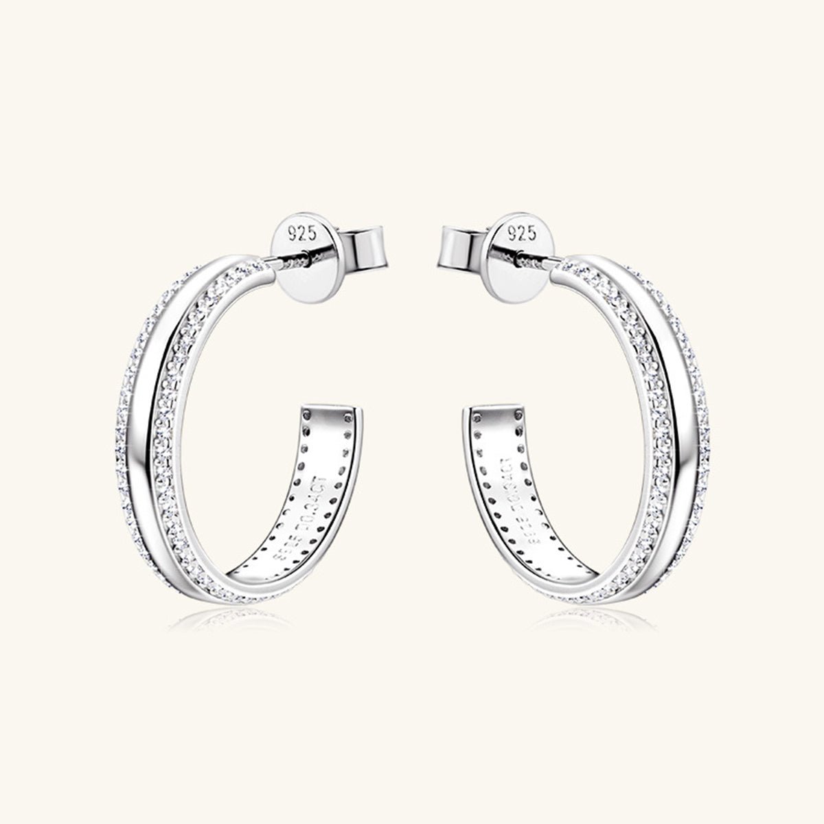 925 Sterling Silver Inlaid Moissanite C - Hoop Earrings - Runway Regalia