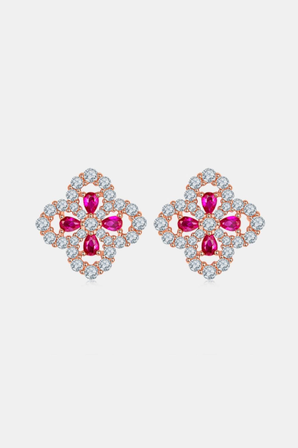 925 Sterling Silver Lab - Grown Ruby Flower Shape Stud Earrings - Runway Regalia