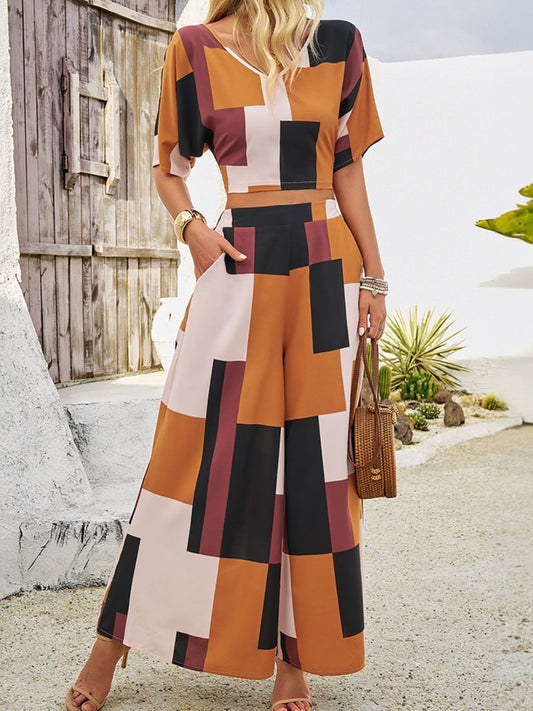 Devine Color Block V-Neck Top and Wide Leg Pants Set