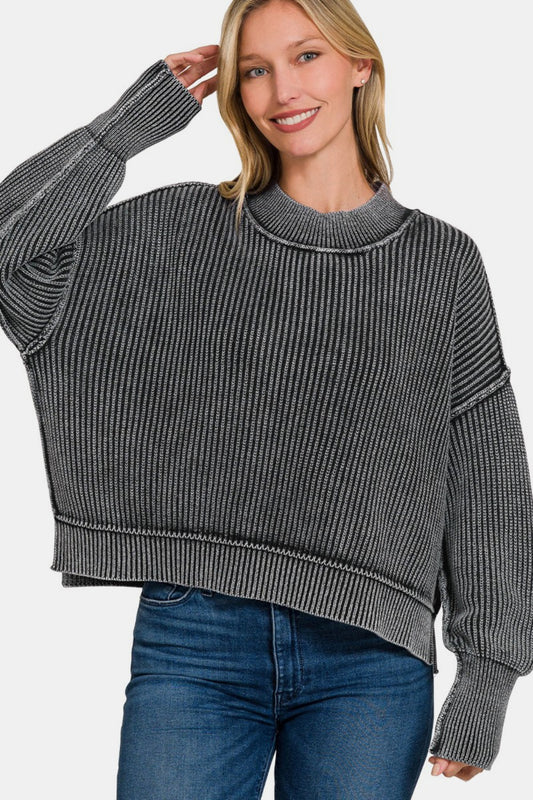 Zenana Exposed Seam Round Neck Dropped Shoulder Sweater