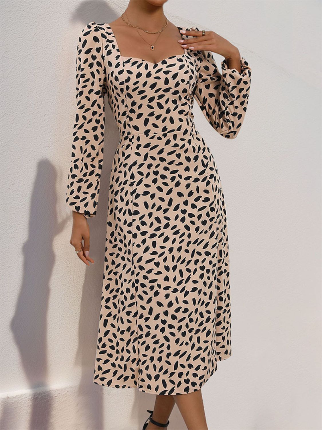 Perfee Tied Slit Printed Long Sleeve Midi Dress