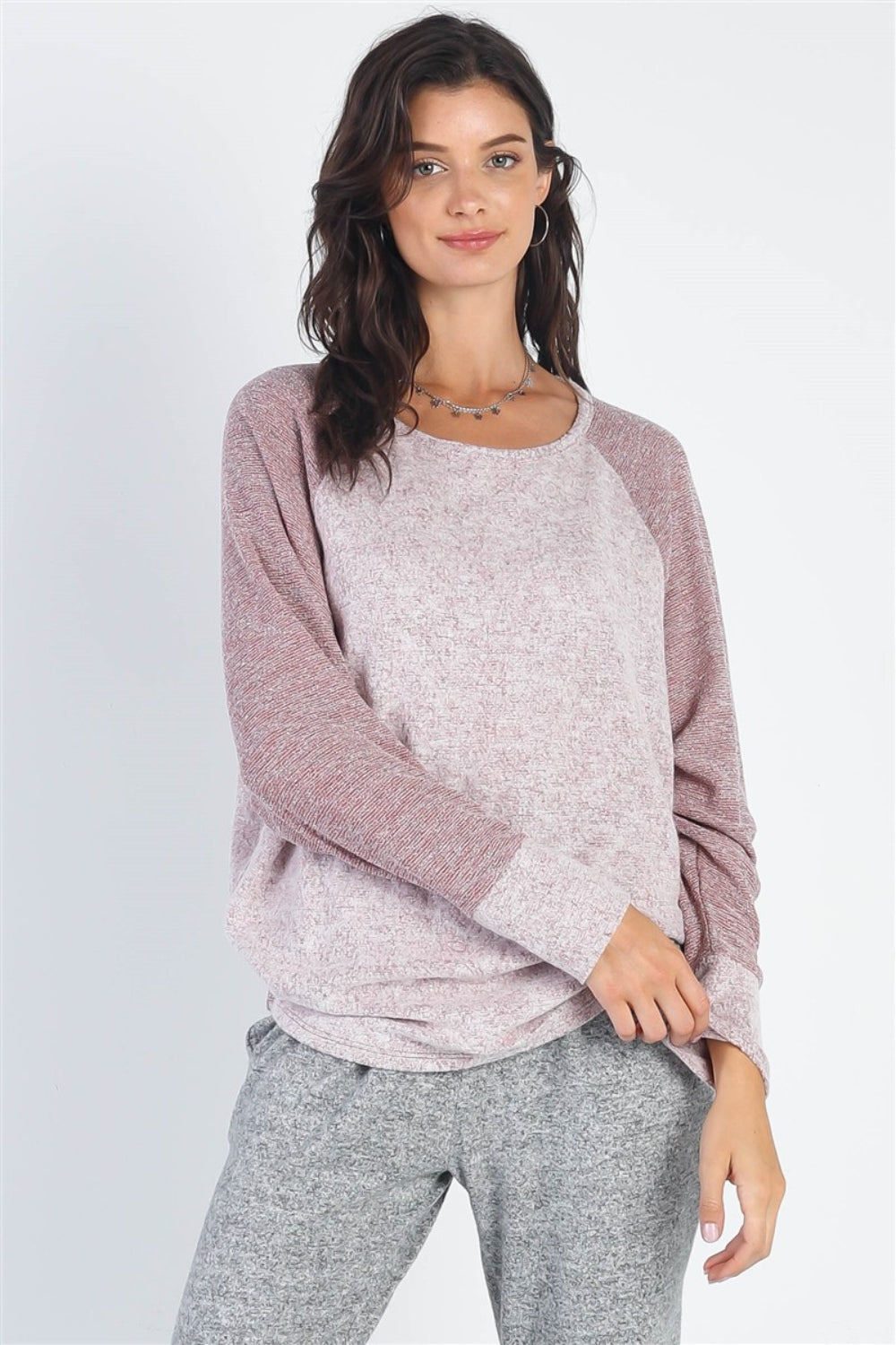 Cherish Apparel Round Neck Long Sleeve Contrast Top